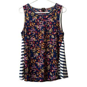 Lee Size Large Floral Striped Blouse‎ Blocked Style Sleeveless Top Blue Boho NWT